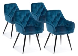 Komplet 4 krzeseł Hana Black Blue Wykonane z aksamitnego, przyjemnego w dotyku materiału w odcieniu niebieskiego, nogi wykonane 