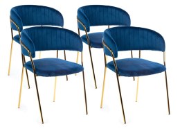 Komplet 4 krzeseł Rarity Gold Navy Blue Wykonane z aksamitnego, przyjemnego w dotyku materiału w kolorze niebieskim, złote nogi 