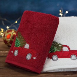 Ręcznik świąteczny SANTA/22 50x90 biały Świąteczny ręcznik bawełniany z aplikacją auta z choinkami
